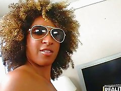 Sweet afro chick undressing and doing blowjob and fucked by big guy