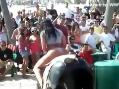 Chubby hoochie rides an electronic bull in her G-strings