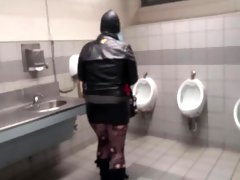 milf  dildos fucks her pussy in public mens washroom
