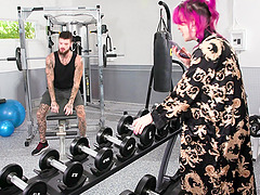 Tattooed dude gets fucked by kinky shemale Lena Moon in the gym